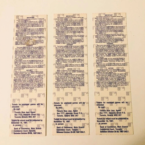 1987 Lot of 3 MLB Baseball Toronto Blue Jays  World Series Tickets - Picture 5 of 10